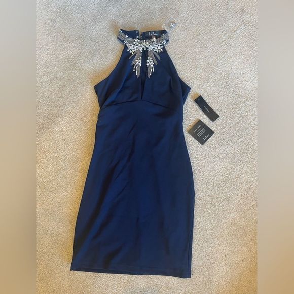 Alluring Evening Navy Blue Beaded Bodycon Dress. NWT. Size XS. - Picture 5 of 11